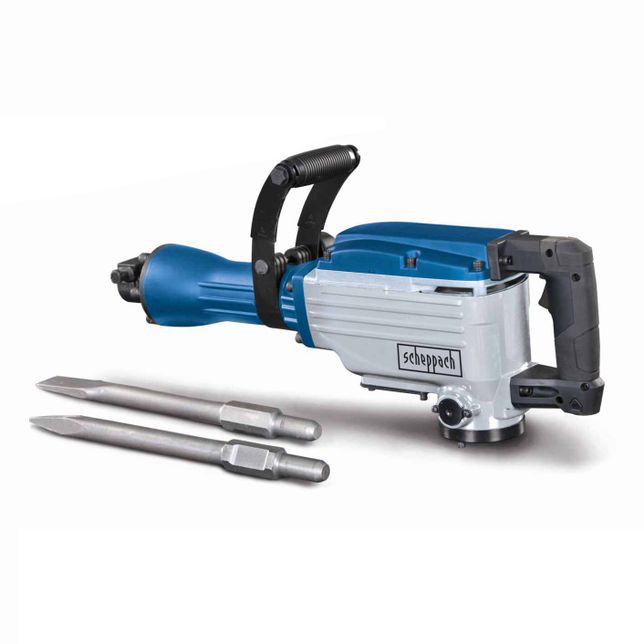 Scheppach demolition hammer with two chisels. The hammer has a black handle and a blue and white body. The chisels are long and metallic.